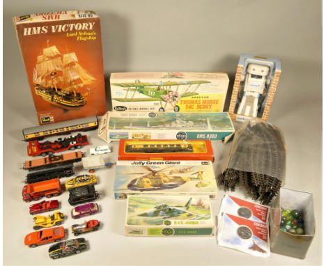 Model kits - to include a Guillows WW1 fighter plane, a Revell twin jet helicopter, a Revell ship 'HMS Victory' an Airfix BAC