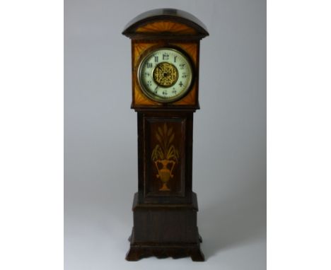 A Victorian mahogany miniature longcase clock, 3.5 inch celluloid dial, the hood and trunk with inlaid boxwood and stained de