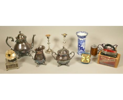 A three piece electroplated tea service together with other plated wares, copper warming pan, tea urn and mirror.