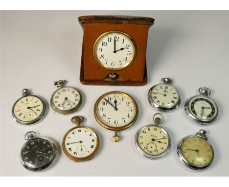 A 1920s 8 day travel clock, together with eight manual wind pocket watches.(spares/repair) 