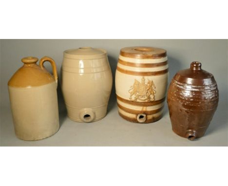 A Doulton glazed stoneware crock gin keg, royal coat of arms, two toned brown &amp; cream, together with two similar examples