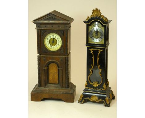 A miniature mahogany longcase clock, white dial, painted with Arabic numerals, together with another miniature longcase clock