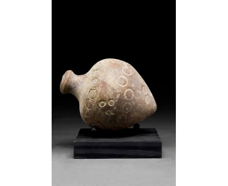 Ca. 800-1000 ADA ceramic grenade, also referred to as "Greek Fire". This hollow ceramic vessel is globular in shape, a pirifo