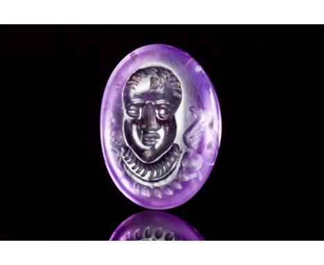 Ca. 200-300 ADAn Ancient Sasanian oval-shaped amethyst intaglio, featuring the engraved depiction of frontal bust of a ruler.