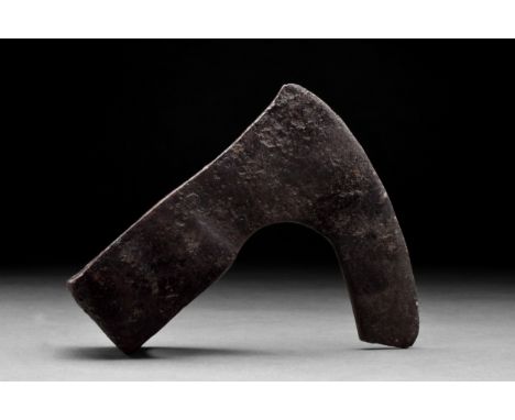 Ca. 900-1000 ADAn iron bearded axe head with an elongated, heavy blade and a socket. Further information on Viking axes can b