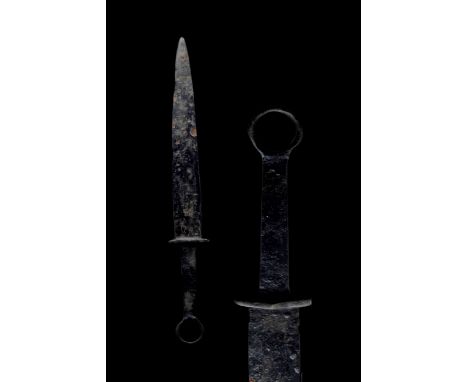 Ca. 200-300 ADAn iron sword with a pointed, elongated triangular blade, rectangular guard, tapering handle, and a ring pommel