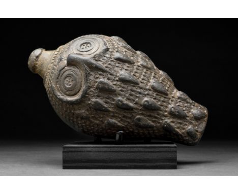 Ca. 800-1000 ADA late Roman, early Byzantine glazed ceramic grenade, also referred to as "Greek Fire". This hollow ceramic ve