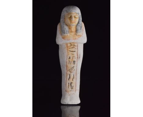 New Kingdom, 19th-20th Dynasty, Ca. 1292-1085 BC The mummiform body wearing a blue tripartite wig with ochre and black horizo