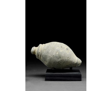 Ca. 900-1200 ADA "fire grenade" comprising a grey ceramic vessel with a spheroconical body, short, squat neck, and domed rim.