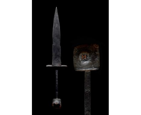 Ca. 14th-15th Century ADMedieval dagger with broad, sub triangular blade, simple short flat plate for a cross guard and a squ