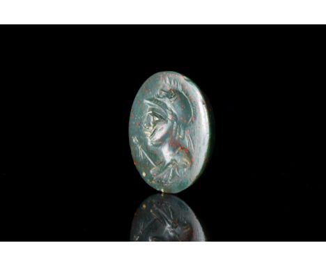 Ca. 100-200 ADAn engraved intaglio of oval-shape depicting the carved image of the Ancient Roman goddess Minerva, shown in pr