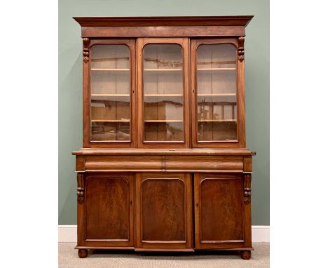 VICTORIAN MAHOGANY CWPWRDD GWYDR, the glazed top having two opening doors and central breakfront panel over a base section wi