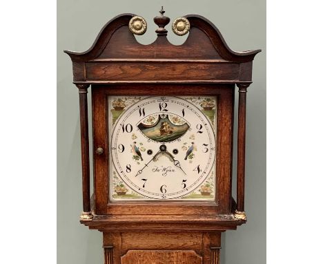 OAK LONGCASE CLOCK, SIGNED 'JOHN WYNN', circa 1840, 14-inch square enamelled moon phase dial with painted bird detail and flo