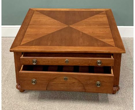 OVER SIZED REPRODUCTION MAHOGANY STAINED COFFEE TABLE, with slide out shelf and storage, labelled 'Lexington Furniture', on s