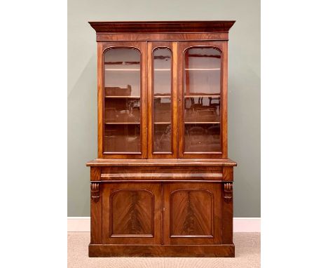 VICTORIAN MAHOGANY CWPWRDD GWYDR, well preserved, with shaped top cornice over twin arched top glazed doors and central glaze