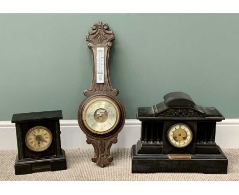 TWO MANTEL CLOCKS &amp; A BAROMETER, the first clock architectural style in black slate with presentation plaque, dated 1907,