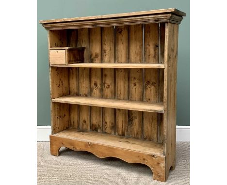VINTAGE STRIPPED PINE BOOKCASE, with upper shelf single drawer box and shaped front apron, 125cms H, 123cms W, 31cms D