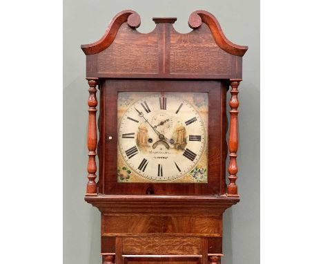 THEOPHILUS DAVIES, LLANRWST, VICTORIAN OAK & MAHOGANY LONGCASE CLOCK, 14-inch square dial, having gilt painted centre and spa