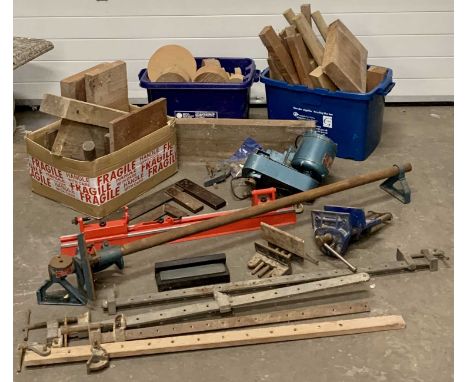 CORONATE TOOL COMPANY LTD ELF BENCH TOP WOODWORKING LATHE, bench vices, sash clamps, boxed drill attachment lathe, along with