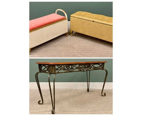 TWO VINTAGE BEDROOM OTTOMANS, to include a wicker effect example with twin handles and upholstered top, 56cms H, 93cms W, 38c
