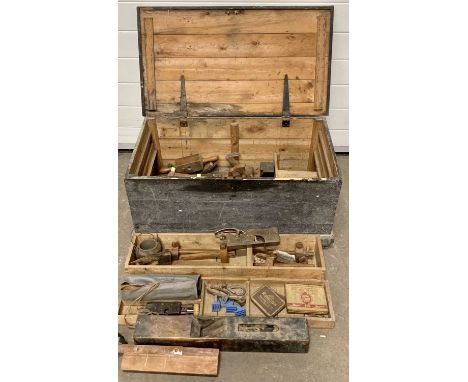 VINTAGE PINE TOOLBOX &amp; CONTENTS, including plough, block and other woodworking planes, gauges ETC, 38cms H, 82cms W (not 
