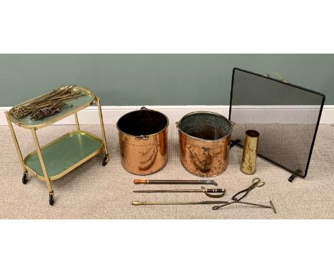 FIRESIDE &amp; OTHER VINTAGE METALWARE, to include 2 x brass and copper coal / log buckets, 31cms H, 35cms diam., mesh firesc