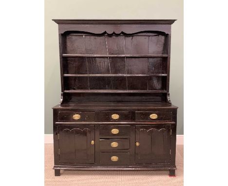  OAK AND PINE DRESSER, circa 1780 and later, having a wide boarded back to a three-shelf rack and a base section with a T-arr