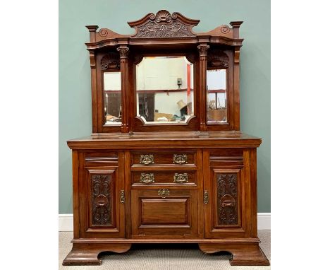 GOOD QUALITY MAHOGANY MIRRORBACK SIDEBOARD, circa 1900, having a carved top rail with shell detail repeated above the lower m