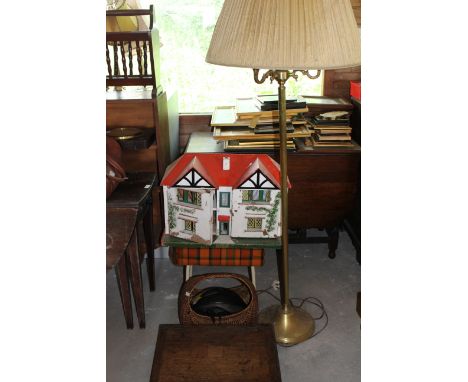 Dolls House, standard lamp vintage shopping basket pouffe and wooden box.