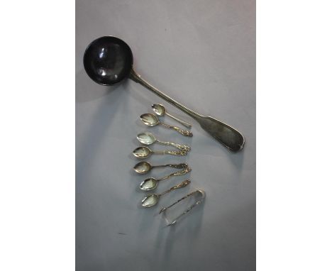 A French silver soup ladle along with a set of Rococo design silver coffee spoons and sugar tongs. Ladle stamped with French 