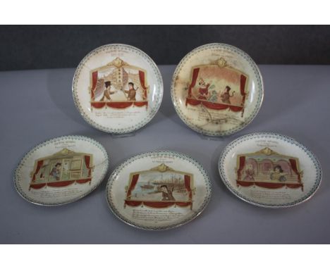 A set of five 20th century HBCM Montereau French Theatre Guignol ceramic puppet show plates. Makers mark to the base. Diamete