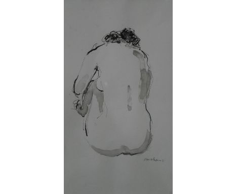 A framed and glazed signed print of a seated figure. Signed Deschamps, label verso. H.51 W.41 cm 