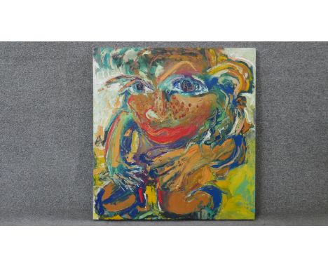 A large oil on canvas, portrait study, "Crazy Fine Feeling", Sally James, exhibition labels to the reverse. H.79 W.74 cm 