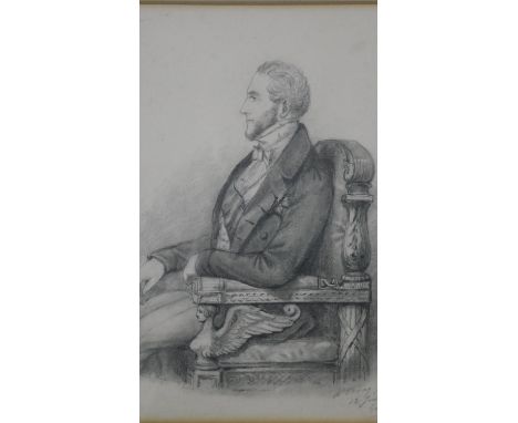 Alfred d'Orsay&nbsp;-&nbsp;A rosewood framed and glazed 19th century pencil sketch, seated gentleman on a throne. Signed and 