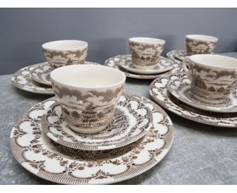 19 pieces of Staffordshire Ironstone hand graved tableware, cups, saucers, plates