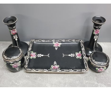 Vintage Shelley 5 piece dressing table set, black and white with rose decoration