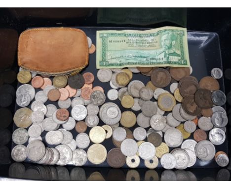Tray of mixed coinage includes mainly six pences also includes national bank of Ethiopia banknote