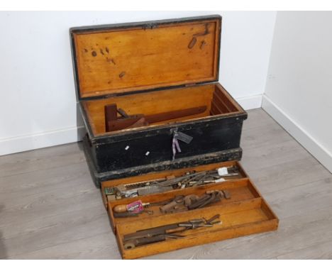Large Vintage wooden twin handled tool box with original key and contents to include mixed hand tools, planes, saws etc