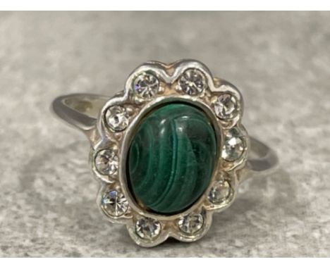 Silver 925 cz and green cabochon stone ring 3.38g size L1/2