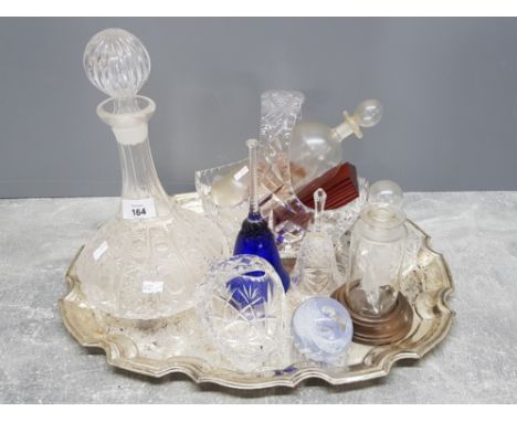 Tray of misc glassware includes crystal glass basket and decanter, ships in bottles etc
