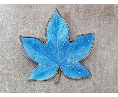 Vintage Denmark designer sterling silver and blue enamel leaf brooch, fully marked Bjorklund brothers