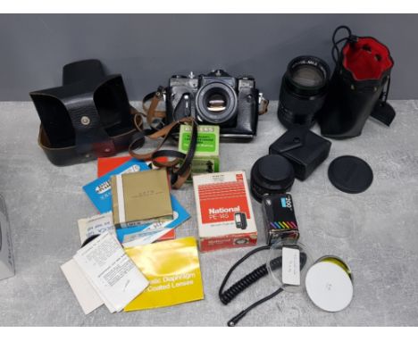 Vintage Zenit EM Helios 44m camera with lens, flash and other accessories