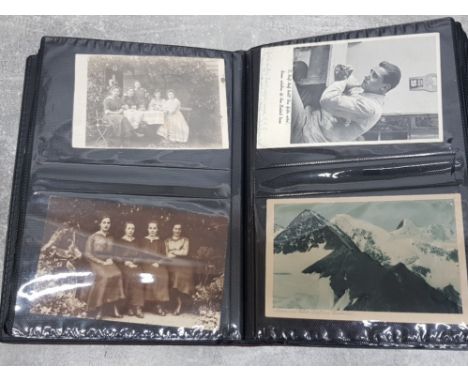 Album of mixed postcards both vintage and reproduction, mostly black and white, novelty and nude study etc