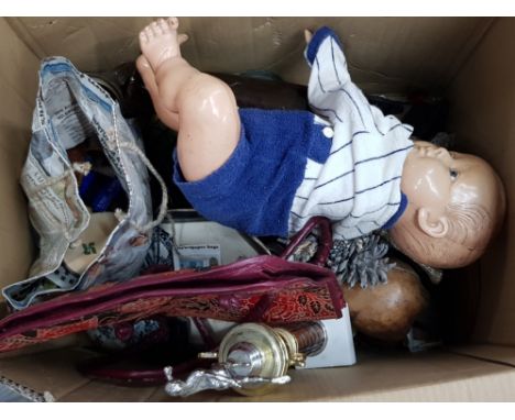 Large box containing miscellaneous items to include vintage doll, trophy, ornaments, sewing equipment etc