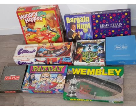 Box of vintage games including the football classic Wembley, Lego minotaurus and the Matchbox classic Cascade etc