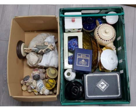 Box and crate of interesting ceramics and glass includes ringtons, royal Worcester and Edinburgh crystal etc
