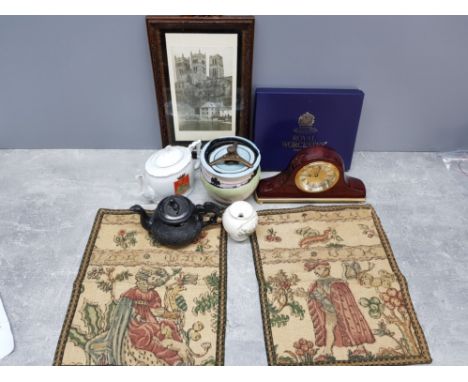 Box of misc including Chinese dragon teapot, mantle clock, tobacco jar, small carved tray etc