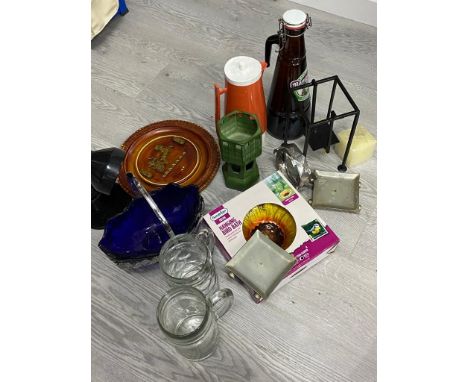 Box of misc includes desk light steins bird bath etc