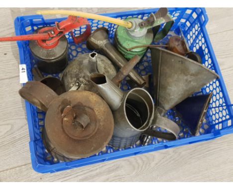 Tray of tinware and enamel ware including oil cans funnels etc