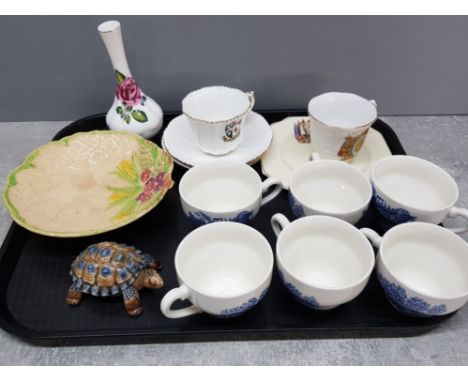 Tray of mixed ceramics includes wade tortoise and leaf dish plus commemorative ware etc